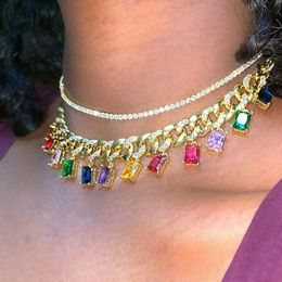 Rock style miami cuban chain choker jewelry with rainbow baguette cz drop charm links Gold filled cz women short layer necklace