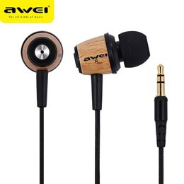 AWEI Q9 Wired Earphone In Ear Fone de ouvido Wooden Bass Earphone Stereo Auriculares Audifonos Nylon Weave Wire Headset