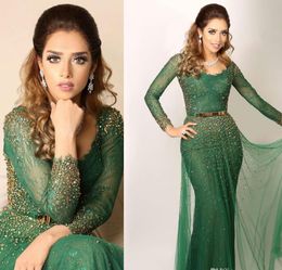 gold belt Saudi Arabic Green Evening Dresses scoop Lace Crystal Beaded tulle Sheer Long Sleeves Prom Gowns Mermaid Dress Evening Wear