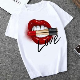 Women Tops Red Mouth Lip Love Print T Shirts Base O -Neck Short Sleeve Women Tshirt All -Match White Tee Funny Girls Shirt