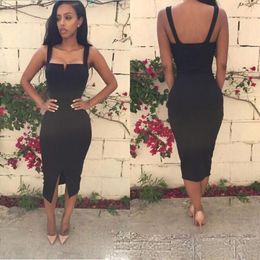 African Black Sheath Cocktail Party Dress Spaghetti Strap Tea Length Side Split Cheap Prom Evening Gowns