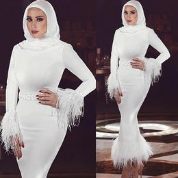 White Muslim Mermaid Prom Dresses High Neck Long Sleeve Feather Satin Ankle Length Evening Gowns Plus Size Cooktail Party Dress