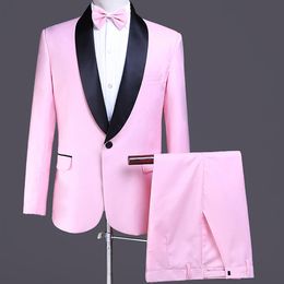 Chic Pink Mens Prom Suits Slim Fit Notched Lapel Groomsmen Wedding Tuxedos Two Pieces Formal Jacket+Pants+Bow In Stock