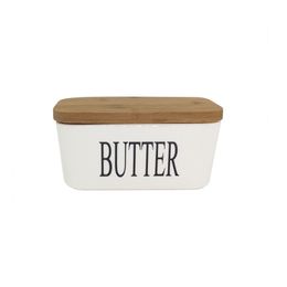 Large Porcelain Butter Keeper Set with Nature Bamboo Lid for 2 Sticks Airtight Food Storage Organization Container 650ml White