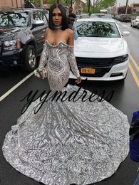 Silver Evening Dresses 2019 Scoop Neck Full Sleeve Open Back Sweep Train Plus Size Lace Mermaid Prom Gowns robe de soiree