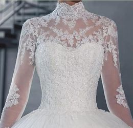 2019 Cheap Vintage Puffy Ball Gown Wedding Dresses Arabic High Neck Illusion Lace Applique Crystal Beaded Sweep Train Formal Brida2815