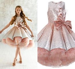 Short Girls Pageant Dresses Sequins Blush Pink Sleeveless Sequined Lace Feather Ruffles Tulle Tiered TuTu Kids Birthday Flower Girls Gowns