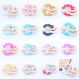 Baby Teether Rings set Food Grade Beech Wood Teething Ring Soothers Chew Toys Shower Play Round Wooden Bead Silicone teethers M1427
