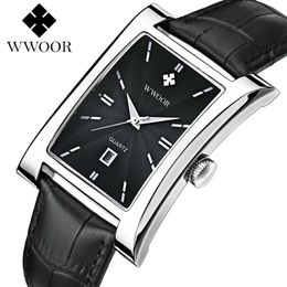 WWOOR Men Watch Ultra thin Square Quartz Watch Sport Watches For Men Waterproof Casual Mens Leather Wristwatch relogio masculino