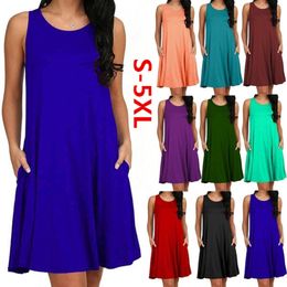 Women Casual Summer Dress Plus Size O-neck Tank Top Loose Clothing Side Pocket Fashion Sexy Ladies Solid Sleeveless Dresses 5XL MX200508