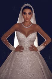Bling Bling Sequins Ball Gown Wedding Dresses Sheer Neck Long Sleeve Bridal Gowns Illusion Sweep Train Wedding vestidos de novia
