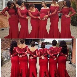Sexy Cheap Dark Red Mermaid Bridesmaid Dresses Long Sleeves For Weddings Off Shoulder Lace Appliques Sashes Plus Size Maid of Honour Gowns