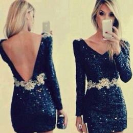 Bling Bling Sequins Long Sleeves Prom Dresses Lace Appliques Short Mini Sexy Cocktail Formal Slim Evening Party Gowns
