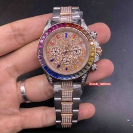 Men's Iced Diamond Watch Rose Gold Diamond Face Watch Silver Stainless Steel Case Four Corner Diamonds Bi-Rose Gold Diamond Strap