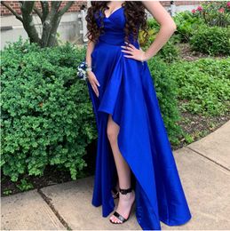 Royal Blue Satin Prom Dresses High Low Sweetheart Neckline Ruched Pleats Tiered Skirt Formal Ocn Wear Custom Made Evening Gown 401 401