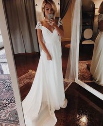 New Cap Sleeves Wedding Dress 2020 V Neck Chiffon Appliques Illusion Buttons Back Beach Bridal Dress Cheap High quality Wedding Gowns