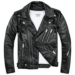 Mens Black Biker Leather Jackets Coats Double Diagonal Zipper Cowhide Slim Fit Short Motorcycle Coats Male Tops