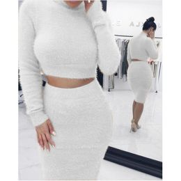 Winter Soft Warm Knitted O Neck 2 Pieces Set Casual Full Sleeve Sweater Skirt Female Sweater Suits Set