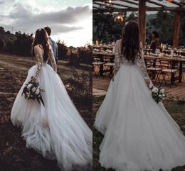 2020 V Open Back Bohemian Wedding Dresses With Poet Long Sleeve Bateau Flowers Applique Lace Sexy See Though Top country wedding dress