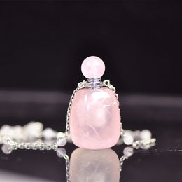Natural Rose Crystal Essential Oil Perfume Bottle Jewellery Oval Quartz Stone Bottles Pendant Necklace with S925 Real Silver Chain