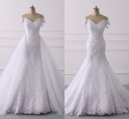 Gorgeous Detachable Train Wedding Dresses Mermaid Off Shoulder Lace Applique Beaded Sequins Pearls Bridal Gowns Wedding Dress Plus Size 2019