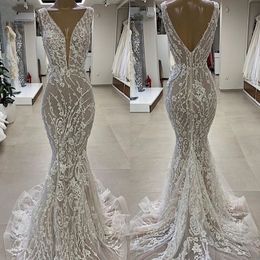 Flowers Mermaid Wedding Dresses Long Sexy Deep V-Neck Sleeveless Plus Size Wedding Dresses Bridal Gowns vestido de noiva