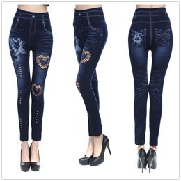 One Size Faux Denim Jeans Leggings Hole Print Women Imitation Jean Slim Fitness Leggings Elastic Seamless Leggins Trousers YMN6001