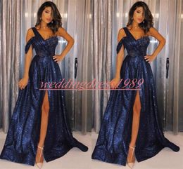 Sparkling Sequins One Shoulder Prom Dresses High Split Navy 2019 African Pageant Robe De Soiree Evening Gowns Celebrity Special Occasion