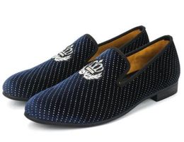New Style Men Blue Velvet Embroidery crown Shoes Fashion Party and Wedding Male Dress Shoes Plus Size Men's Loafers
