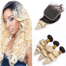 #1B/613 Blonde Ombre Brazilian Virgin Human Hair Wefts with Closure Blonde Ombre Loose Wave 3Pcs Bundles Deals with 4x4 Lace Front Closure