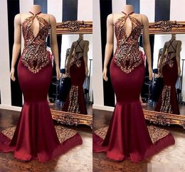 2020 Bury Mermaid Prom Dress Gold Applique Sequins Sweep Train Halter Keyhole Neck Custom Made Evening Party Gowns Formal Ocn Wear 403 403