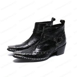 Fashion Men Boots Pointed Metal Tip Black Genuine Leather Boots Ankle Motorcycle Boots 6.5cm High Heels
