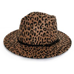 Fashion Women Leopard Print Wool Felt Fedora Jazz Hats Classic Bowler Hat Ladies Trend Large Brimmed Panama Party Trilby Cap2175