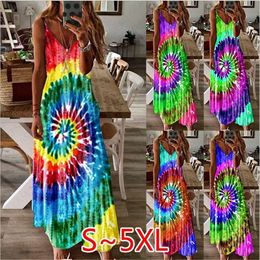 Plus Size Women Maxi Dress Designer Tie Dye Whirlpool Summer Long Dress Sleeveless Adjustable Strap Overall Beach BOHO CHIC Dress New D7104