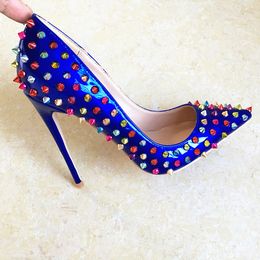 summer fashion women pumps blue spikes rivets point toe bride wedding shoes high heels real photo 12cm 10cm 8cm brand new