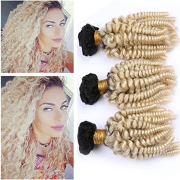 Dark Root Blonde Ombre Aunty Funmi 3Bundles Malaysian Hair Mixed Length #1B/613 Blonde Ombre Human Hair Weaves Bouncy Curly Hair Extensions