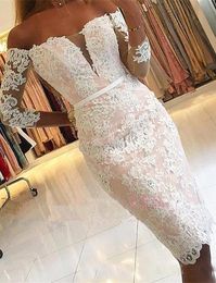 off the shoulder lace cocktail dresses long sleeves tulle applique beaded knee length short party dresses prom evening dresses