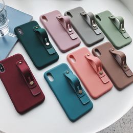 Simple Matte Candy Wrist Strap Hand Band silicone case for iPhone 11 pro 6 6s 7 8 Plus X Xr Xs Max Back Phone Stand Ring Protect Cover