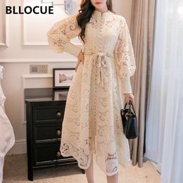 BLLOCUE High Quality 2020 Autumn Runway Long Dress Women Single-breasted Lantern Sleeves Hollow Embroidered Lace Sashes Dress MX200804