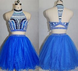 Royal Blue Two Pieces Homecoming Dresses High Neck Backless Beaded Rhinestones Crystals Cocktail Dresses Short Prom Gowns HY0871