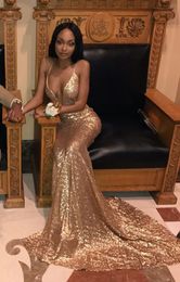 Sexy V-neck Gold Sequin Prom Dress 2022 Spaghetti Straps Long Train Sparking Evening Dresses Backless Mermaid Backless Party Formal Gowns