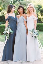 Cold Shoulders Long Chiffon Bridesmaid Dresses with Pleated Chest Beautiful Elegant Floor Length Wedding Guest Party Dresses