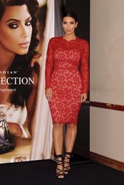 kim kardashian lace UK - Kim Kardashian Long Sleeves Sheer Short Evening Dresses Bow Red Lace Knee Length Sheath High Neck Red Carpet Cocktail Dresses Prom Dress