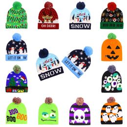 Christmas LED Knitted Hat LED Halloween Christmas Beanies Knitted Hats Fashion Winter Warm Skull Caps Xmas Halloween Hats with Pompon Ball
