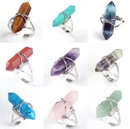 NEW Hexagonal Prism Rings Gemstone Rock Natural Crystal Quartz Healing Point Chakra Stone Charms Opening Rings for Women Men Wholesale