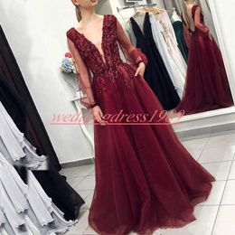 Trendy Beads Burgundy V-Neck 2k19 Evening Dresses Sheer Long Sleeve African Arabic Prom Gown Robe De Soiree Plus Size Formal Party Formal