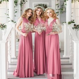 2020 Convertible Bridesmaid Dresses Floor Length A Line Custom Made Pleats Ruched Country Wedding Maid of Honour Gown Formal Evening Wear