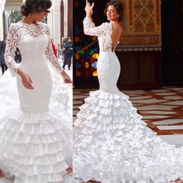 인어 배트 우 레이스 목 뒤름 주름 길이 긴 소매 흰색 로브 마리지 웨딩 드레스 vestidos de novia 신부 가운