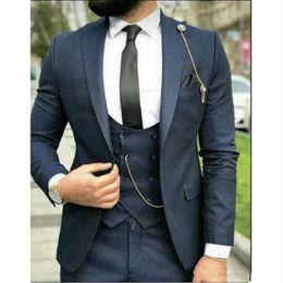 Brand New Navy Blue Groom Tuxedos Peak Lapel Groomsman Wedding 3 Piece Suit Excellent Men Business Jacket Blazer(Jacket+Pants+Tie+Vest) 2657