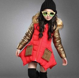 Retail High Fashion Kids Winter Coats Girls Long Thick Slim Fur Collar Coat Cotton Jacket Hooded Jackets Outwear